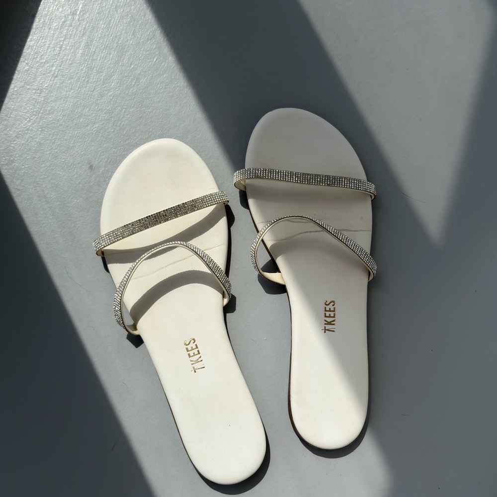 TKEES Ivory Crystal Double-Strap Slide Sandals
